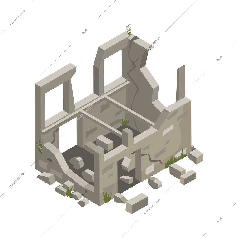 Abandoned building concrete walls ruins isometric icon 3d vector illustration