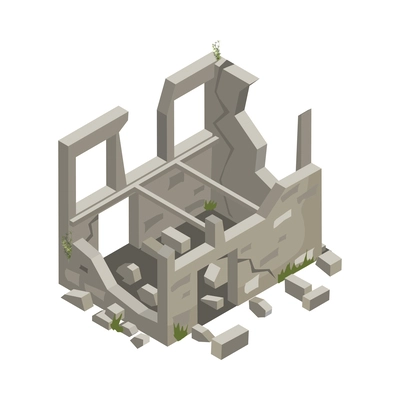 Abandoned building concrete walls ruins isometric icon 3d vector illustration