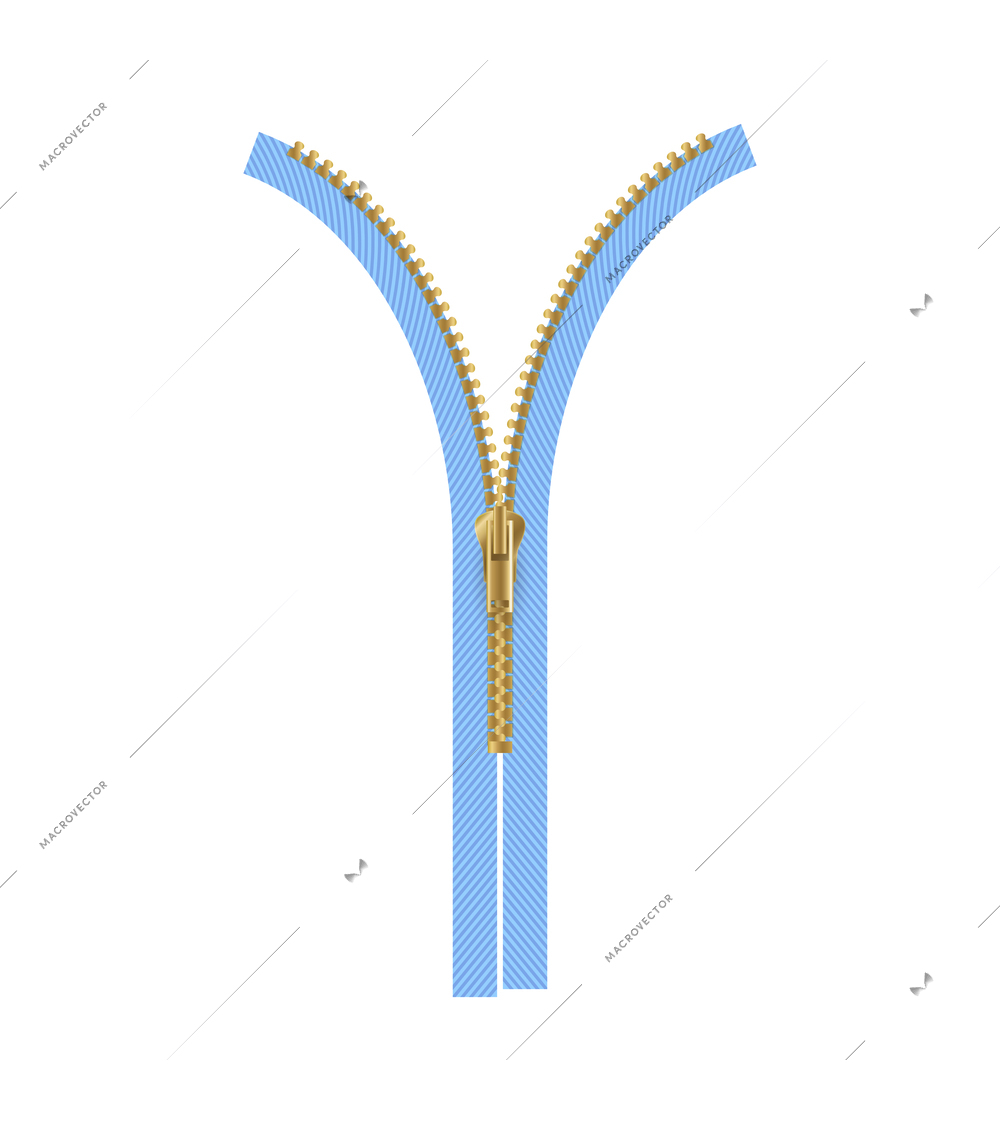 Realistic golden zipper on blue fabric vector illustration