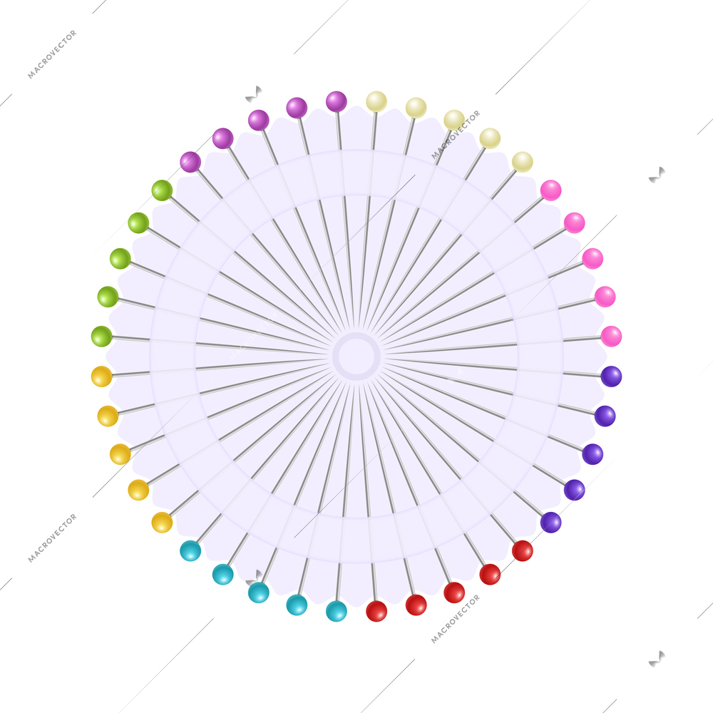 Realistic pish pins needles in round packaging vector illustration