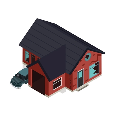 Abandoned residential building with broken windows and car isometric icon 3d vector illustration