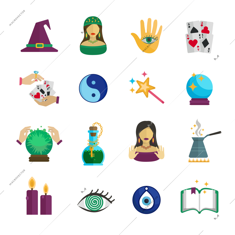 Fortune teller magician and paranormal symbols icon flat set isolated vector illustration