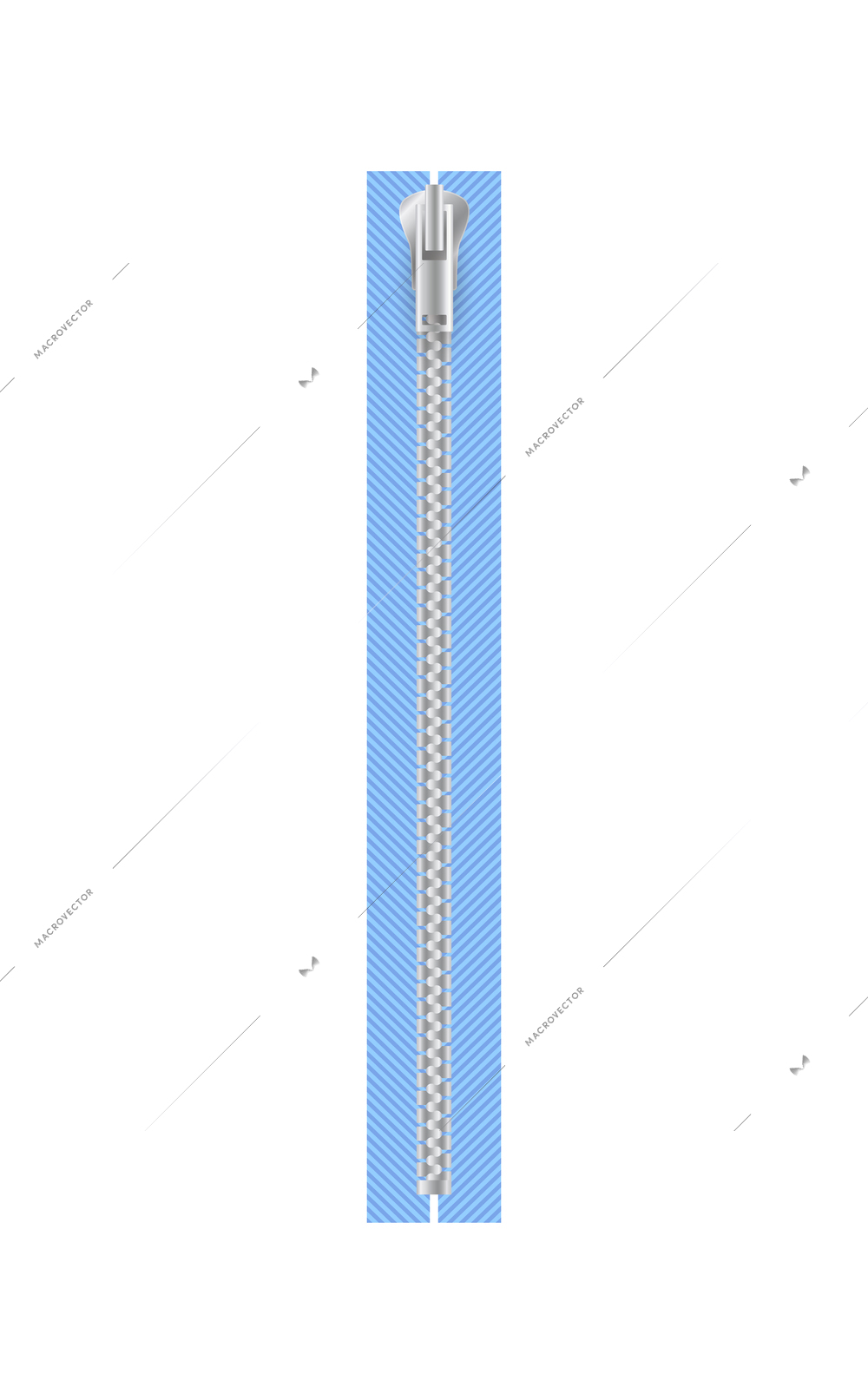 Realistic silver zipper on blue fabric vector illustration