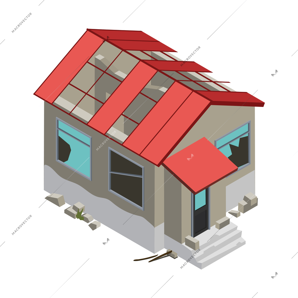 Abandoned ruined residential building with broken roof and windows isometric icon vector illustration