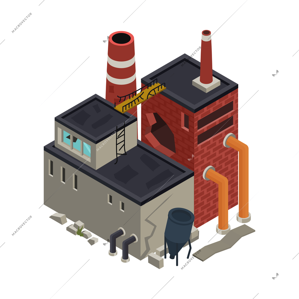 Abandoned ruined factory building isometric icon 3d vector illustration