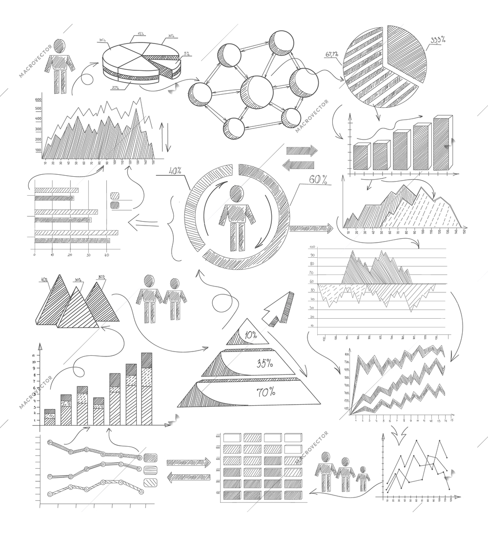 Sketch infographic elements with growth diagrams and business strategy arrows symbols vector illustration