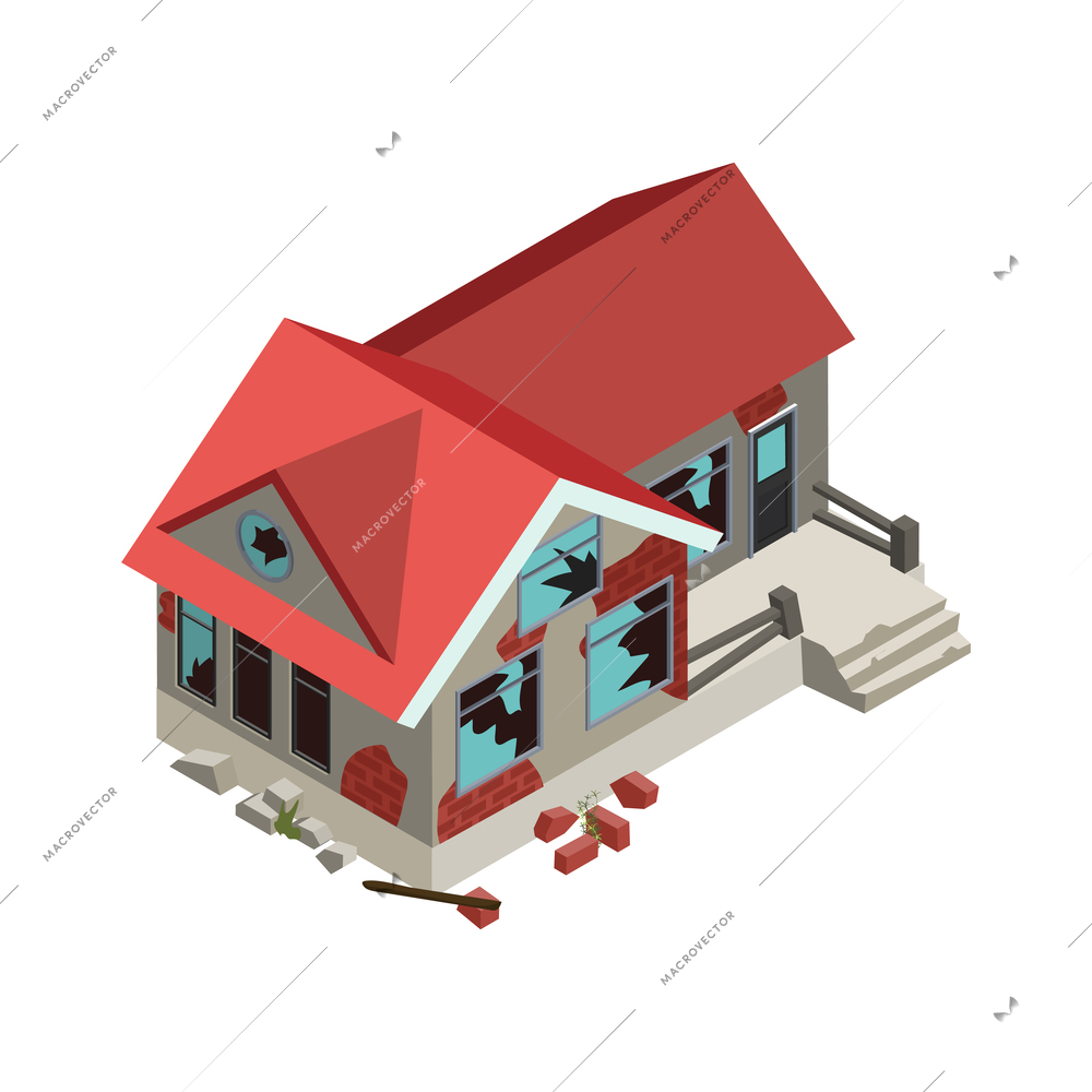Abandoned residential building with broken windows isometric icon 3d vector illustration