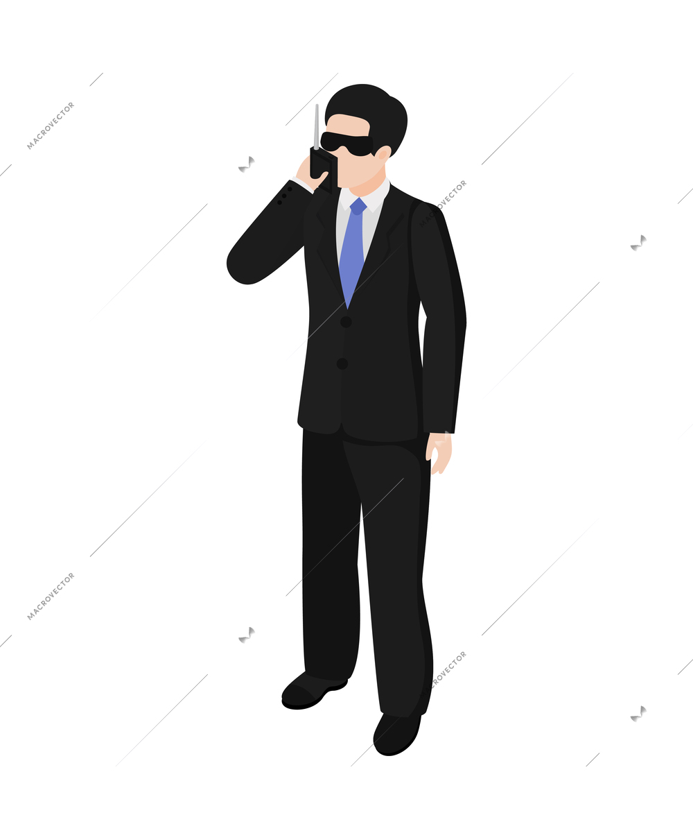 Isometric male security guard wearing black glasses and suit talking on portable transmitter vector illustration