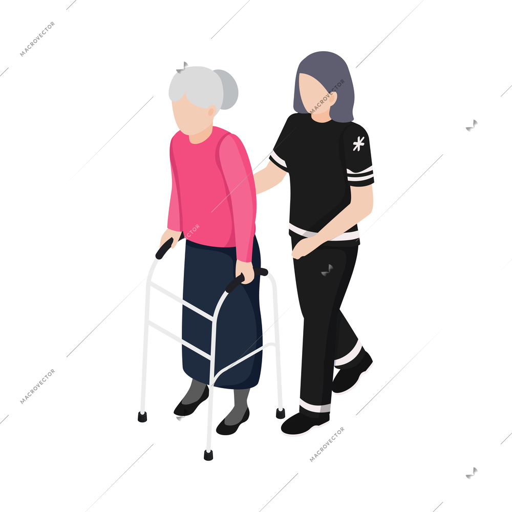 Home staff care for disabled people isometric icon with woman helping senior woman with walking frame vector illustration