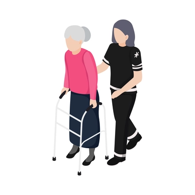 Home staff care for disabled people isometric icon with woman helping senior woman with walking frame vector illustration