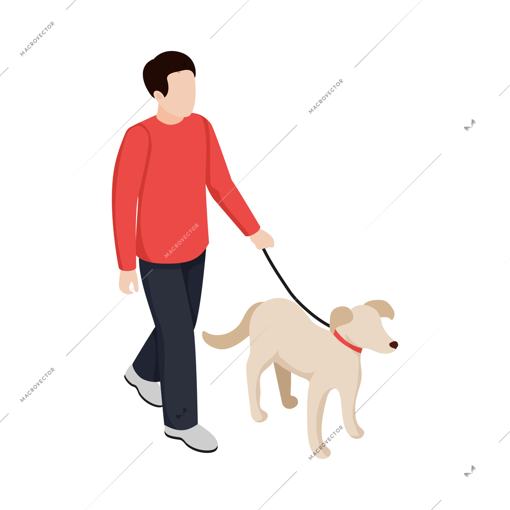 Man walking with dog on leash isometric vector illustration