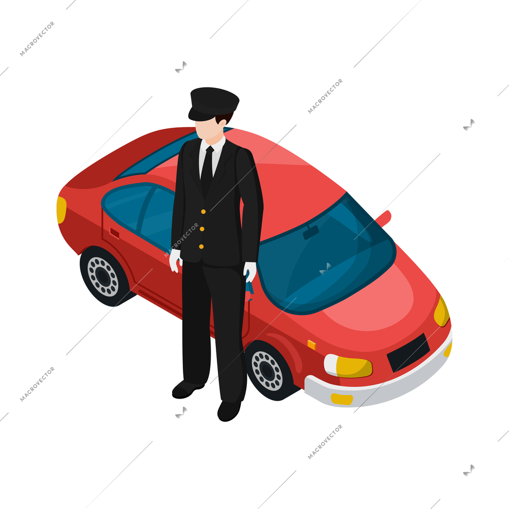 Male driver in black uniform near red car isometric icon 3d vector illustration