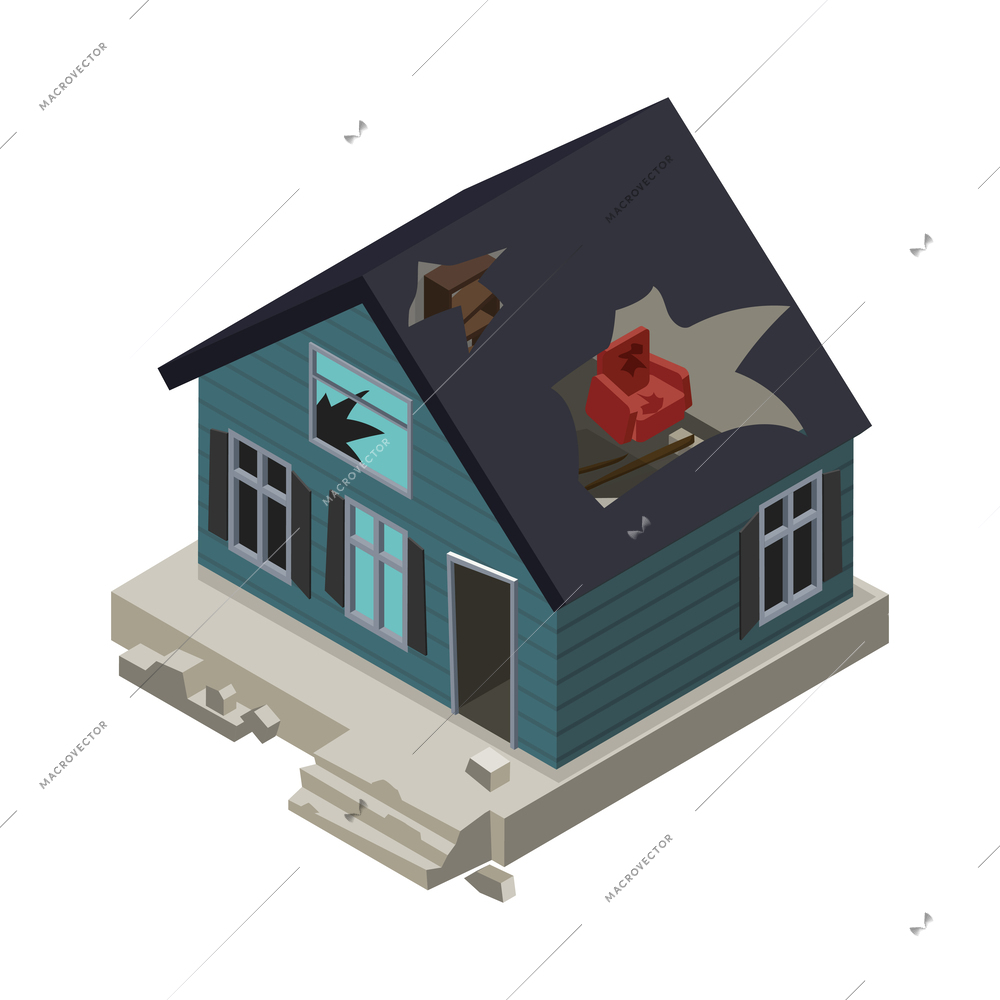 Abandoned private house with broken windows and hole in roof isometric icon 3d vector illustration