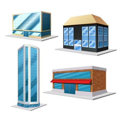 Building 3d decorative set with four different modern house isolated on the white background isolated vector illustration