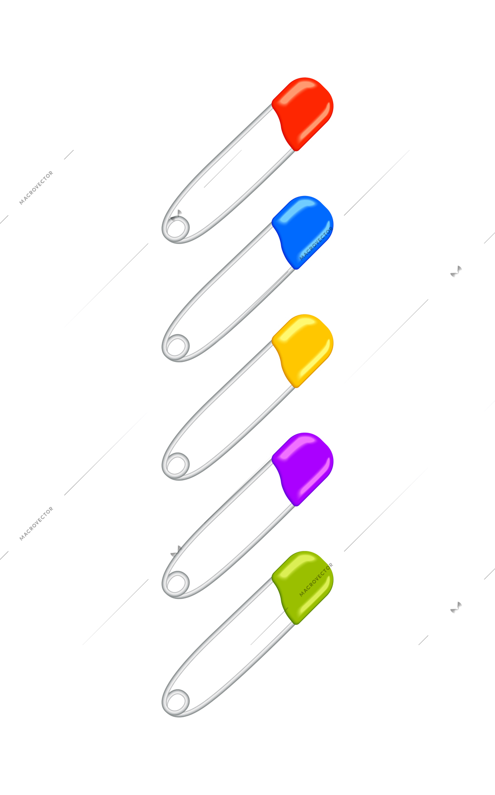 Colorful metal safety pins on white background realistic isolated vector illustration