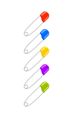 Colorful metal safety pins on white background realistic isolated vector illustration