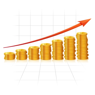 Incremental diagram made of realistic golden coins with red growth arrow vector illustration