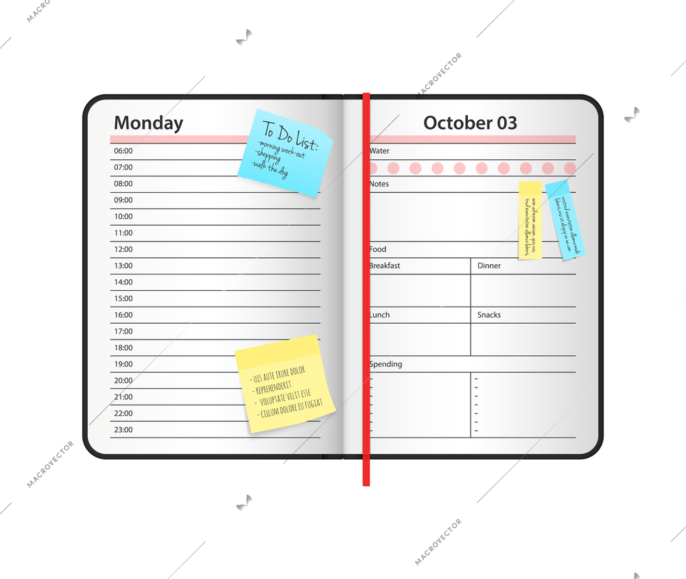 Realistic open planner book with colorful memo stickers vector illustration