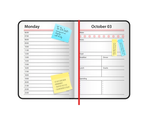 Realistic open planner book with colorful memo stickers vector illustration