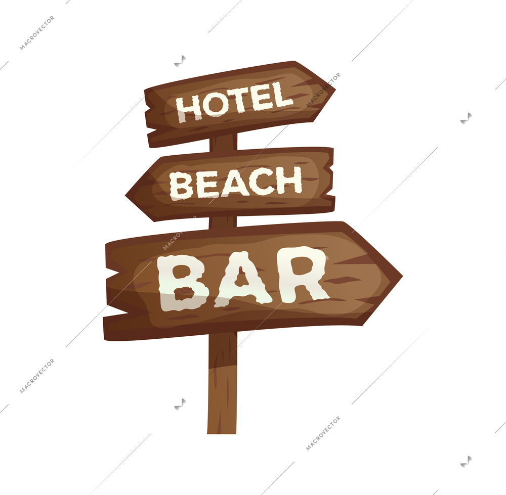 Flat wooden hotel beach and bar pointers vector illustration