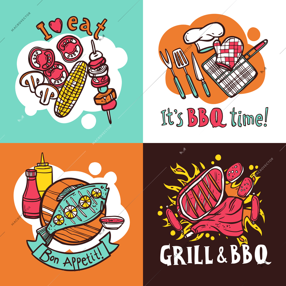 Bbq grill design concept set with meat and fish barbeque sketch icons isolated vector illustration