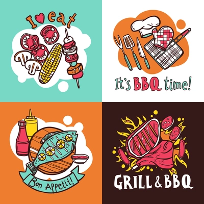 Bbq grill design concept set with meat and fish barbeque sketch icons isolated vector illustration