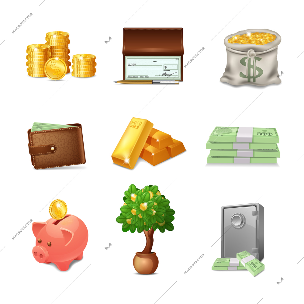 Financial decorative icons set with realistic money stack wallet piggy bank isolated vector illustration
