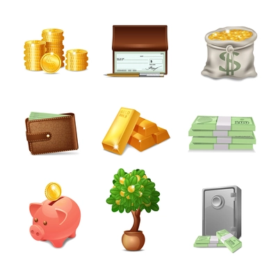 Financial decorative icons set with realistic money stack wallet piggy bank isolated vector illustration