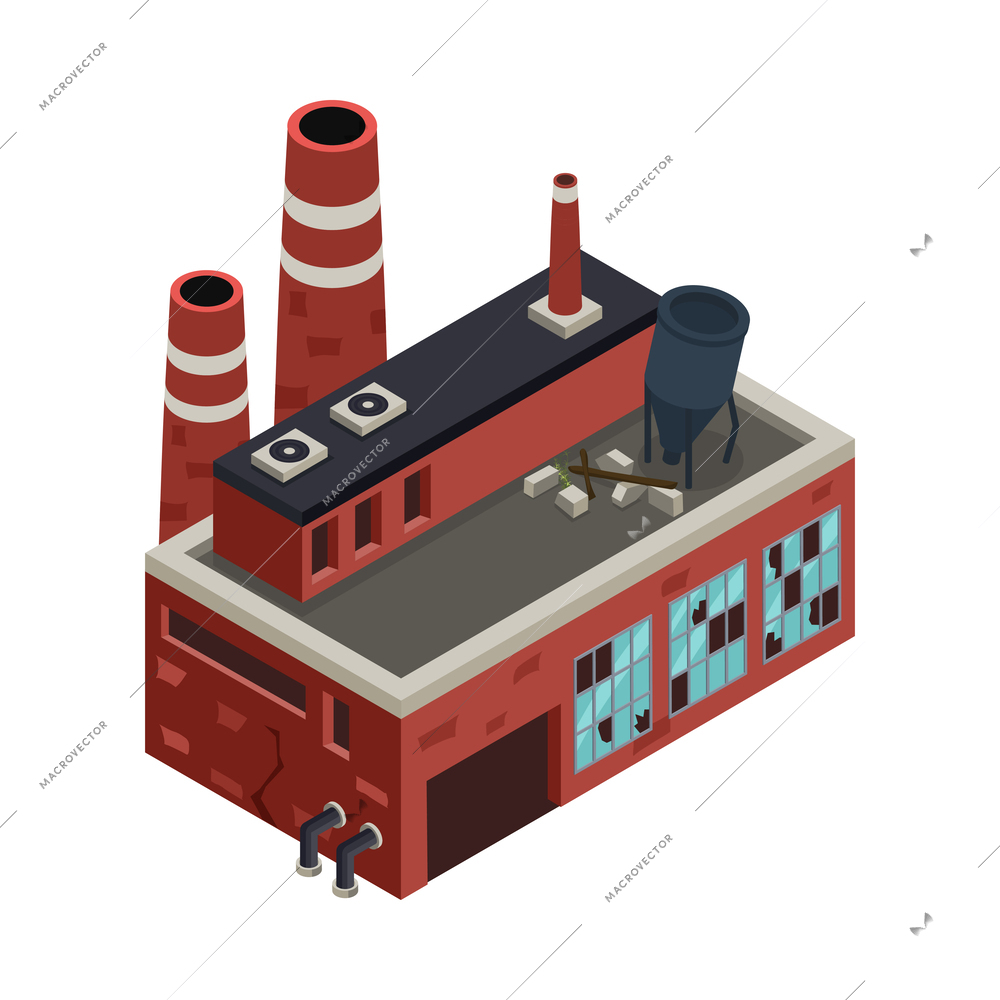 Abandoned old factory building with broken windows isometric icon 3d vector illustration