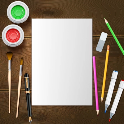 Blank white paper sheet and painter instruments on wooden background mockup vector illustration