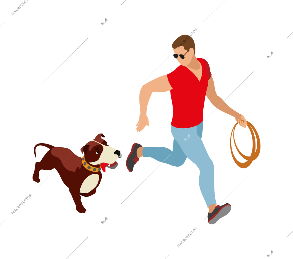 Man running with his dog holding leash in hand isometric icon vector illustration