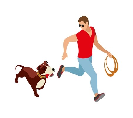 Man running with his dog holding leash in hand isometric icon vector illustration