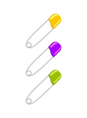 Realistic colorful metal safety pins isolated vector illustration