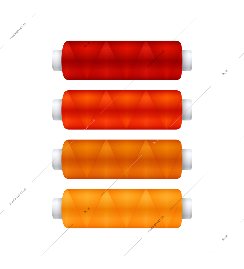 Four realistic spools of red and orange threads isolated on white background vector illustration