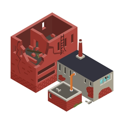 Abandoned ruined manufacturing buildings isometric icon 3d vector illustration