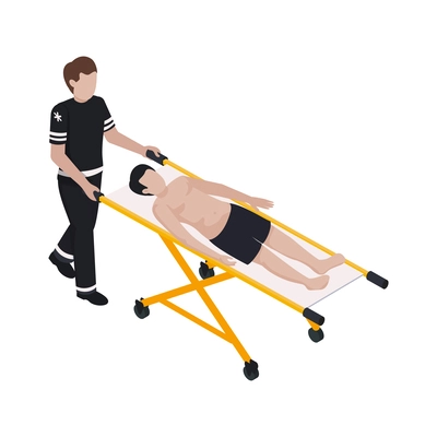 Rescue teams isometric icon with paramedic carrying male victim on stretcher vector illustration