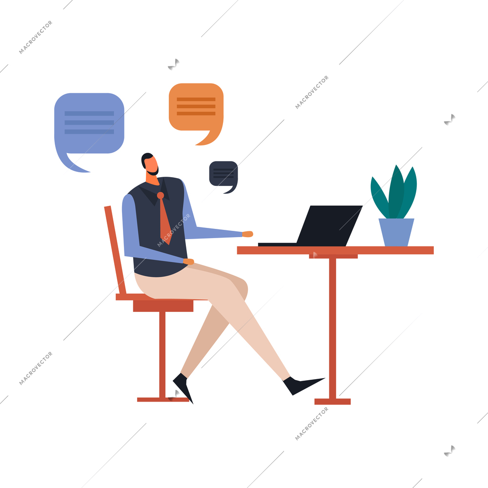 Chatting and messaging flat concept with message bubbles and man communicating online in office vector illustration