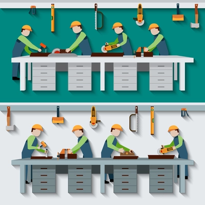 Carpentry workshop with carpenter timber workers with construction tools flat vector illustration