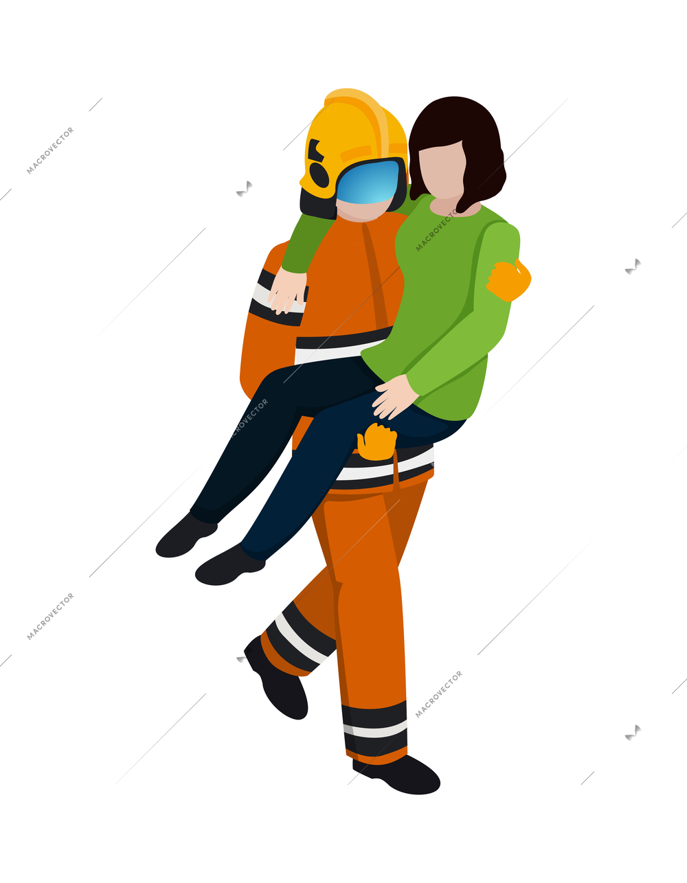 Male rescuer or firefighter carrying woman isometric icon vector illustration