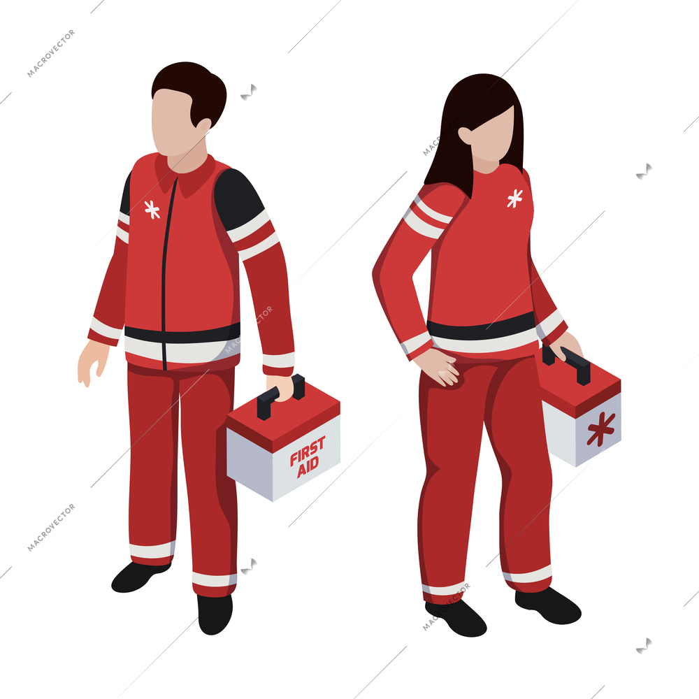 Rescue teams isometric icon with two paramedics holding first aid kits vector illustration