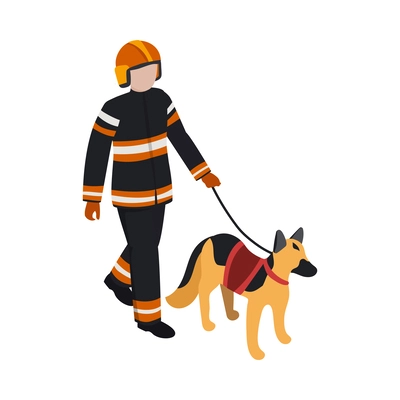 Male rescuer with shepherd dog isometric icon vector illustration