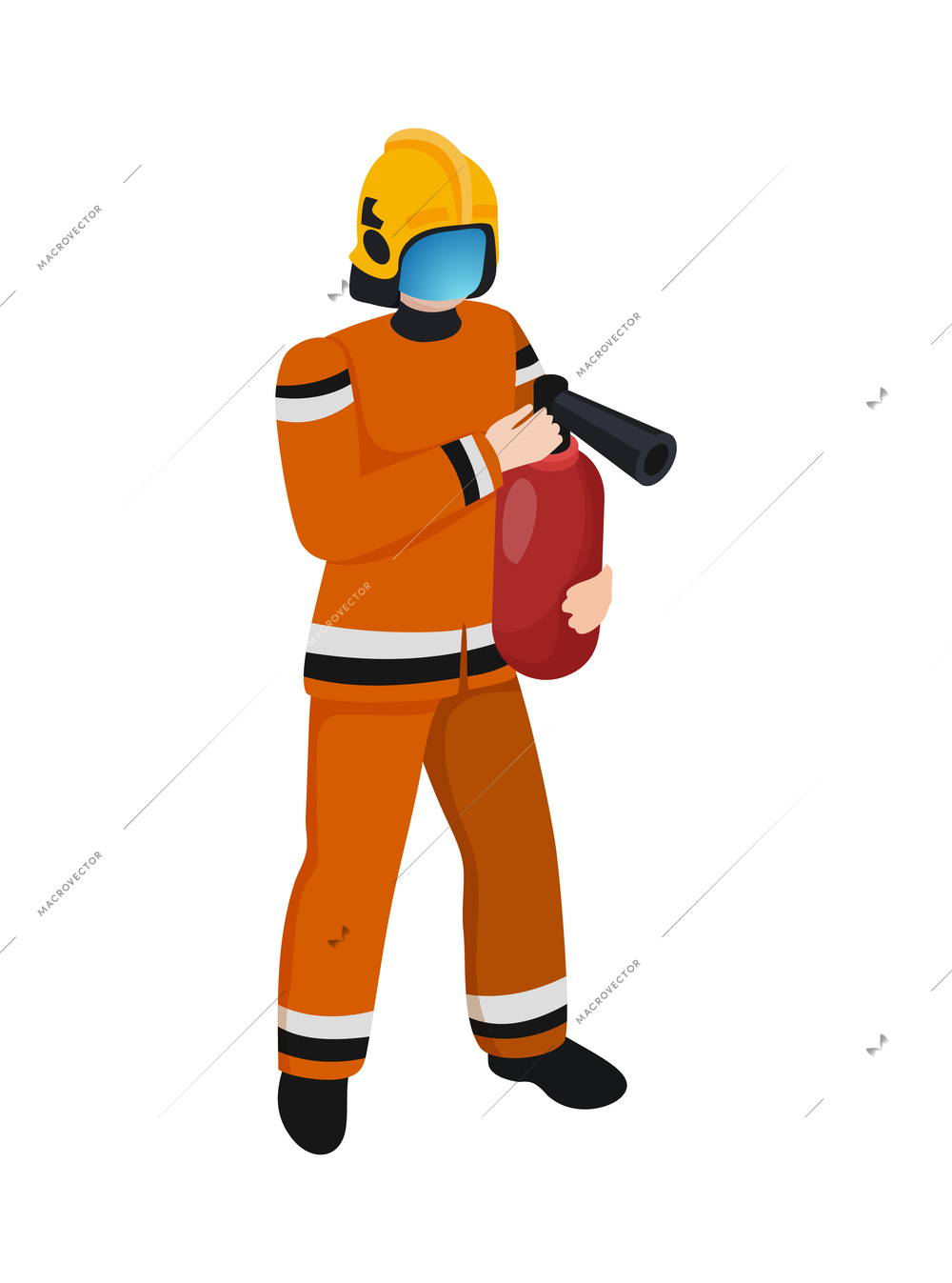 Fireman isometric character with fire extinguisher vector illustration