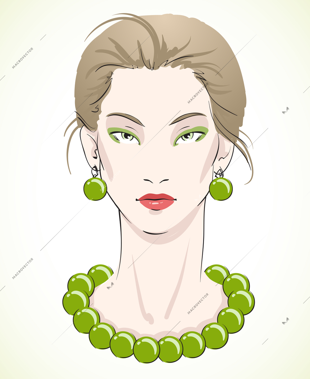 Elegant young model portrait with green beads and earrings isolated vector illustration