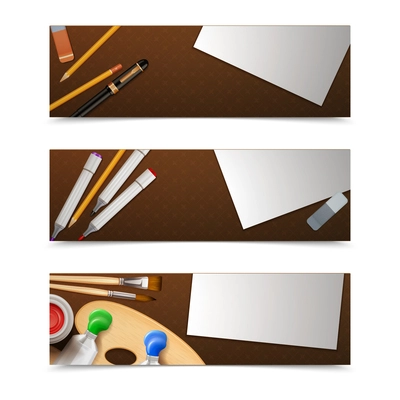 Drawing banners horizontal set with painter tools and paper sheets isolated vector illustration