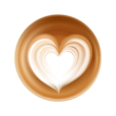 Realistic latte art icon with milk foam in shape of heart top view vector illustration