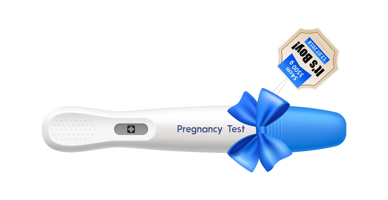 Digital pregnancy test with positive result and blue ribbon realistic vector illustration