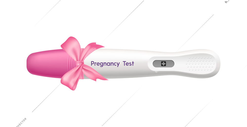 Realistic digital pregnancy test with positive result and pink ribbon vector illustration