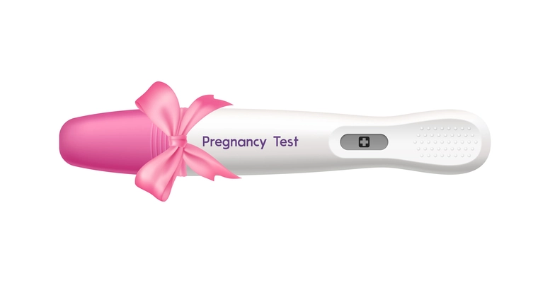 Realistic digital pregnancy test with positive result and pink ribbon vector illustration
