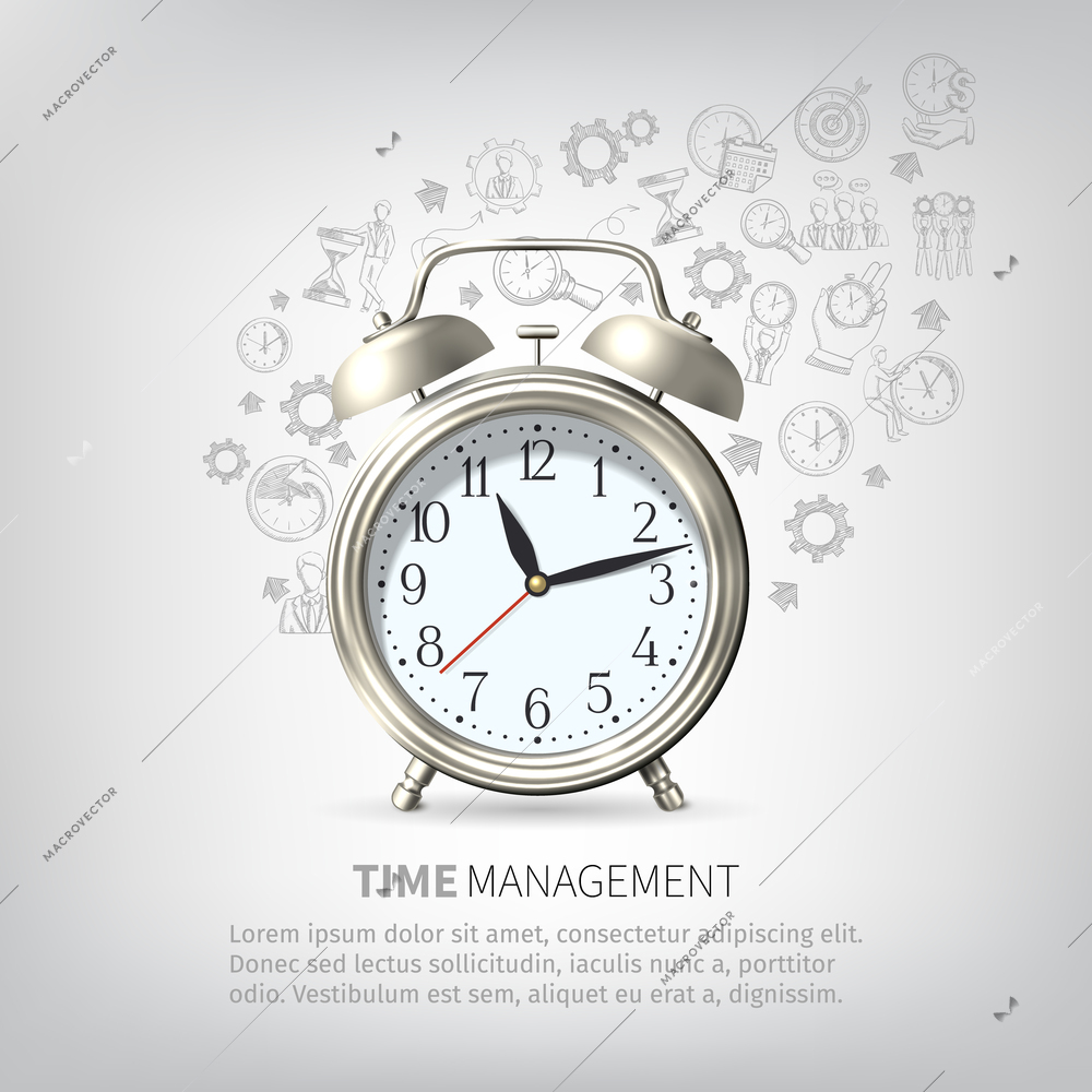 Time management poster with sketch planning elements and realistic alarm clock vector illustration