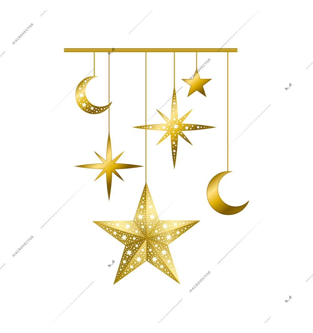 Shiny golden ramadan decorative elements with crescent moons and stars realistic vector illustration